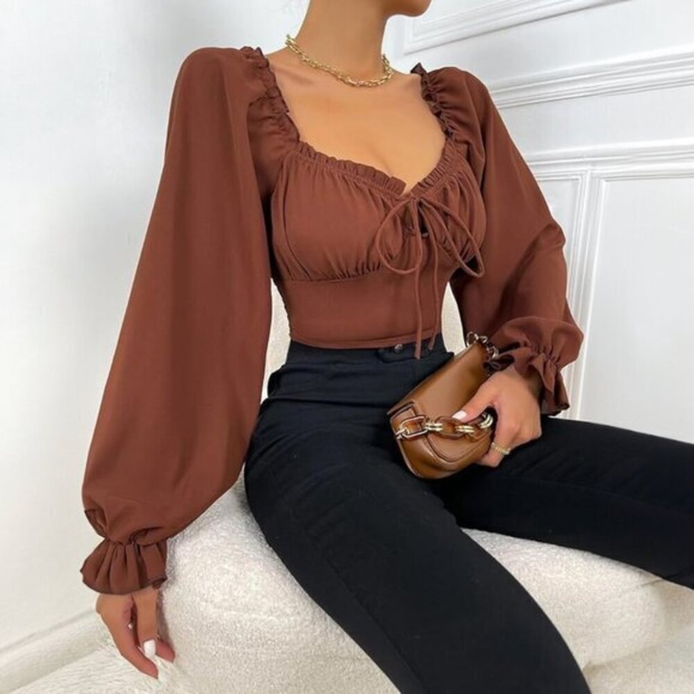 Ruffled Puff Sleeve Crop Top - sz Medium